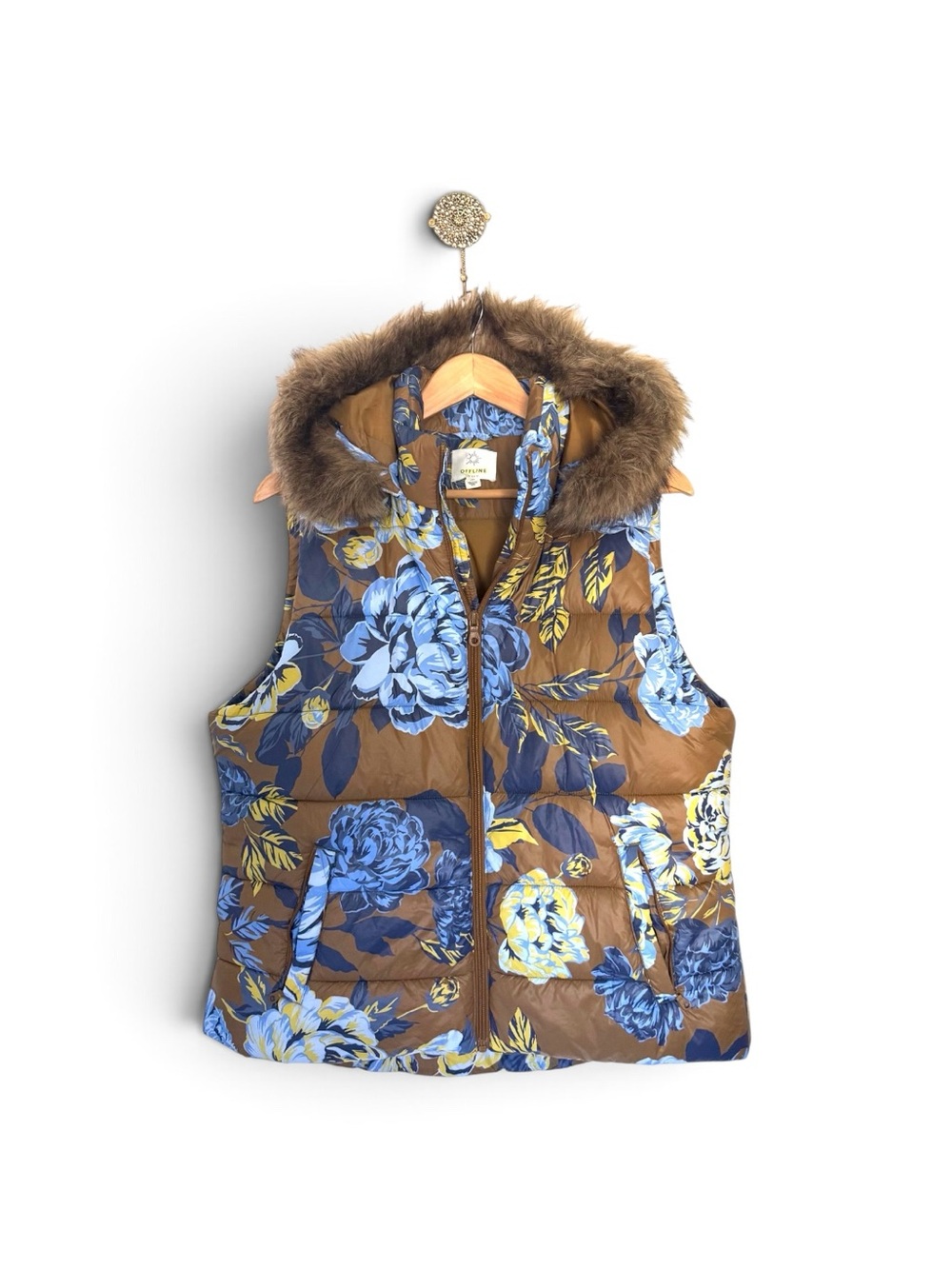 Offline by Aerie Floral Puffer Vest + Detachable Fur Hood  Size L EUC
